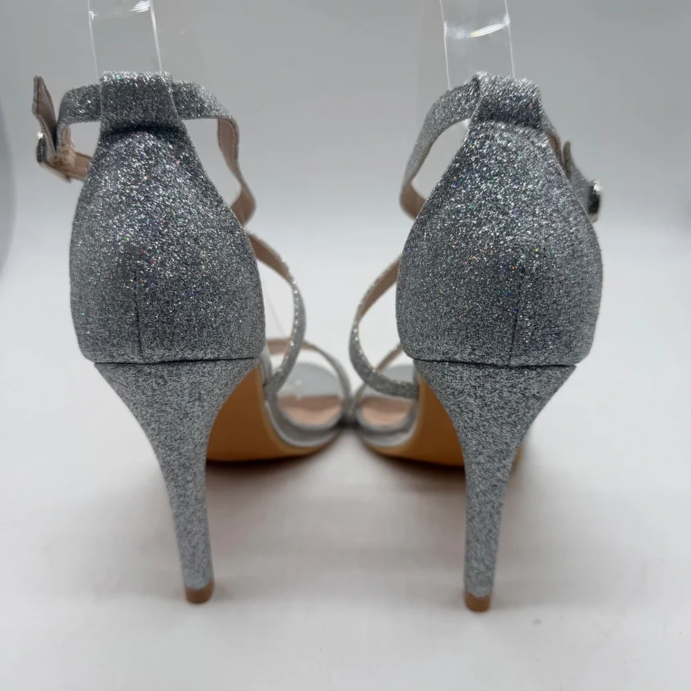 Women Silver Glitter Strappy Stiletto Sandals Open Toe Ankle Strap Size 5